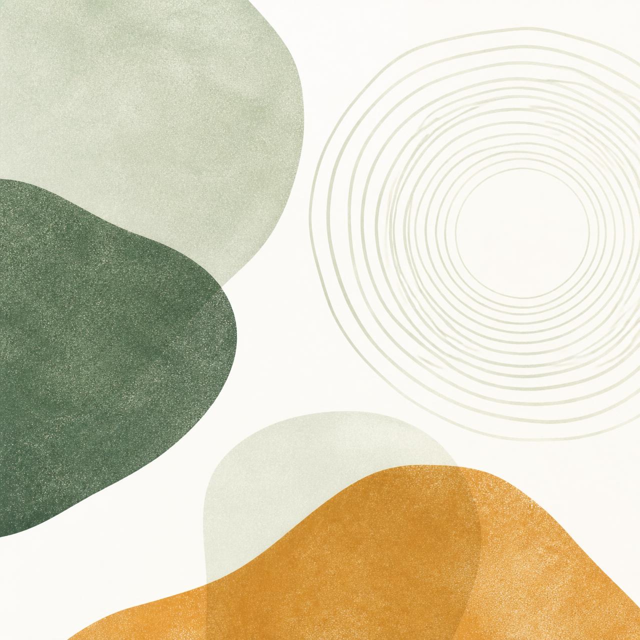 Abstract sage and honey shapes with concentric rings on a warm cream field
